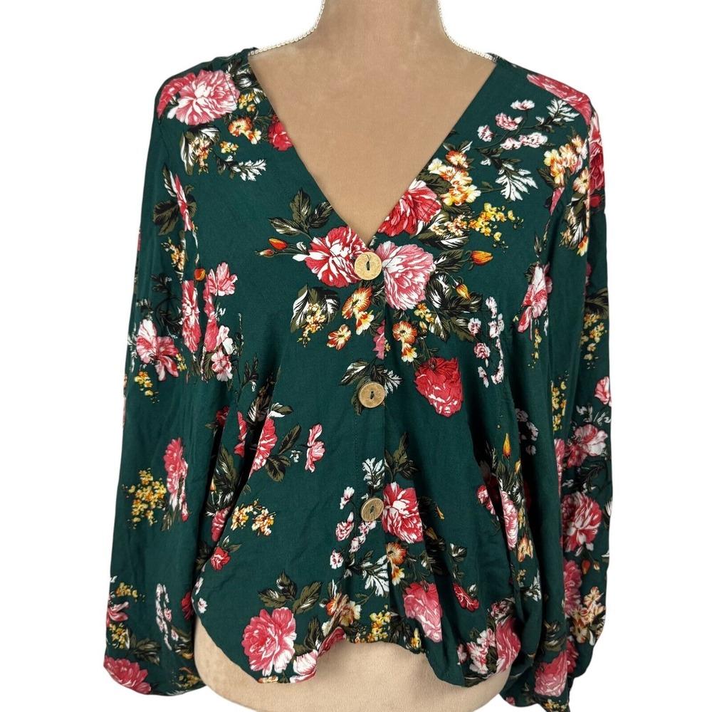 Umgee Womens‎ Large Top Green Floarl Cropped Kimono Sleeve Buttons Boho Festival